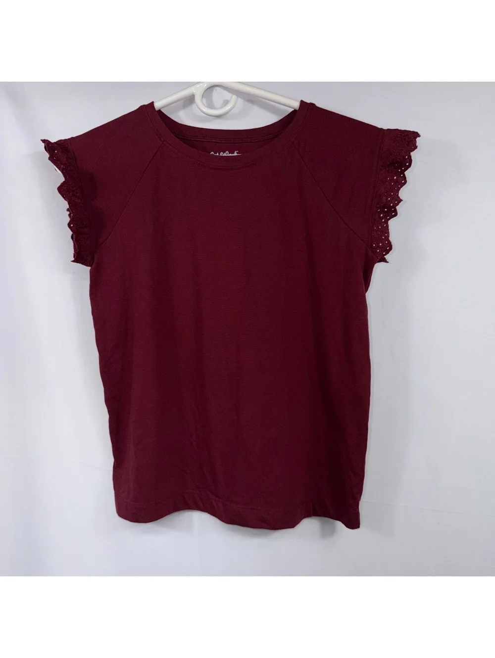 Cat & Jack Girls Size L 10/12 Burgundy Eyelet Flutter Sleeve Top